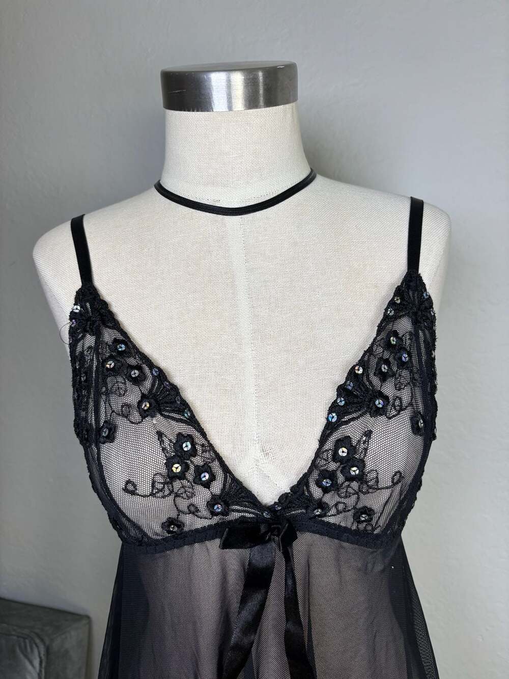 Black Sheer Lace Babydoll Lingerie Dress with Sequins